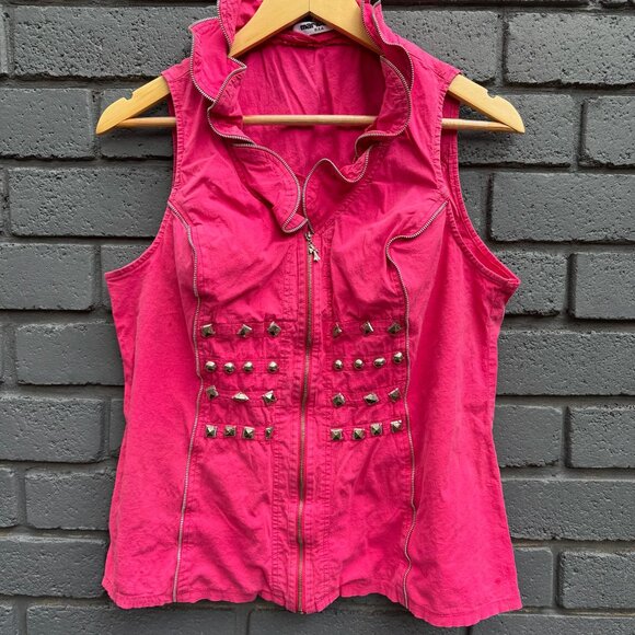 Vintage Y2K Maribelle Padded Bra Zip Ruffle Collar Detail Studded Pink Top XL - Picture 1 of 16